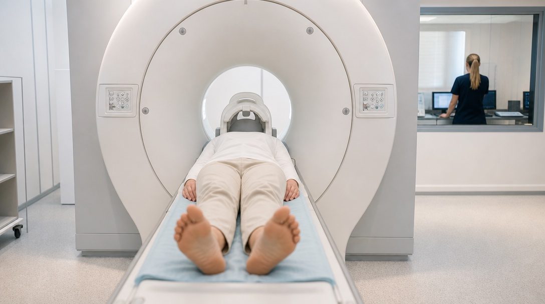 Pacjent leży na stole aparatu MRI z głową w cewce, technik przy konsoli za szybą