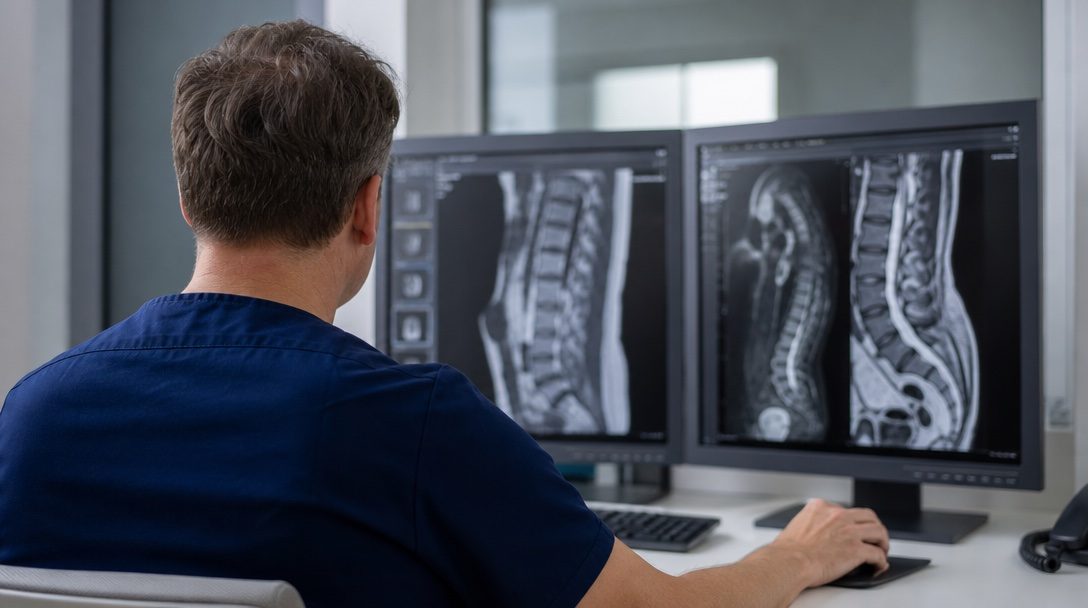 Radiolog przy stacji opisowej z dwoma monitorami pokazującymi obrazy MRI kręgosłupa